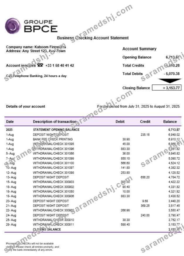Groupe BPCE bank account business statement Word and PDF format